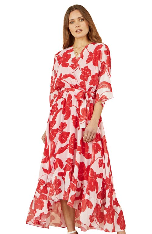 Yumi Kimono Sleeves Dip Hem Wrap Midi Dress In Red