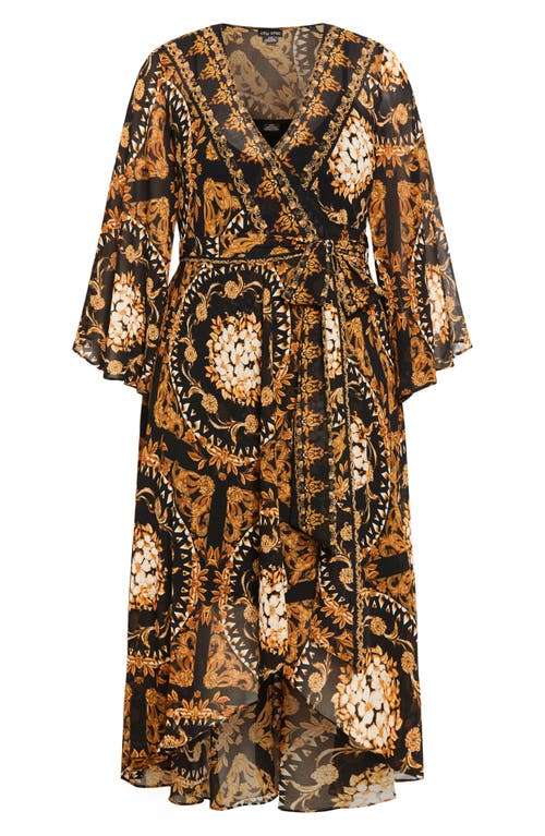 City Chic Paris Print Long Sleeve Faux Wrap Maxi Dress In Animal Print