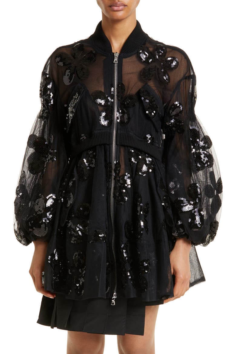 Sequin Daisy Puff Sleeve Sheer Tulle Bomber Jacket, Main, color, BLACK/ BLACK