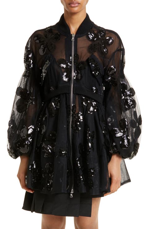 Sequin Daisy Puff Sleeve Sheer Tulle Bomber Jacket