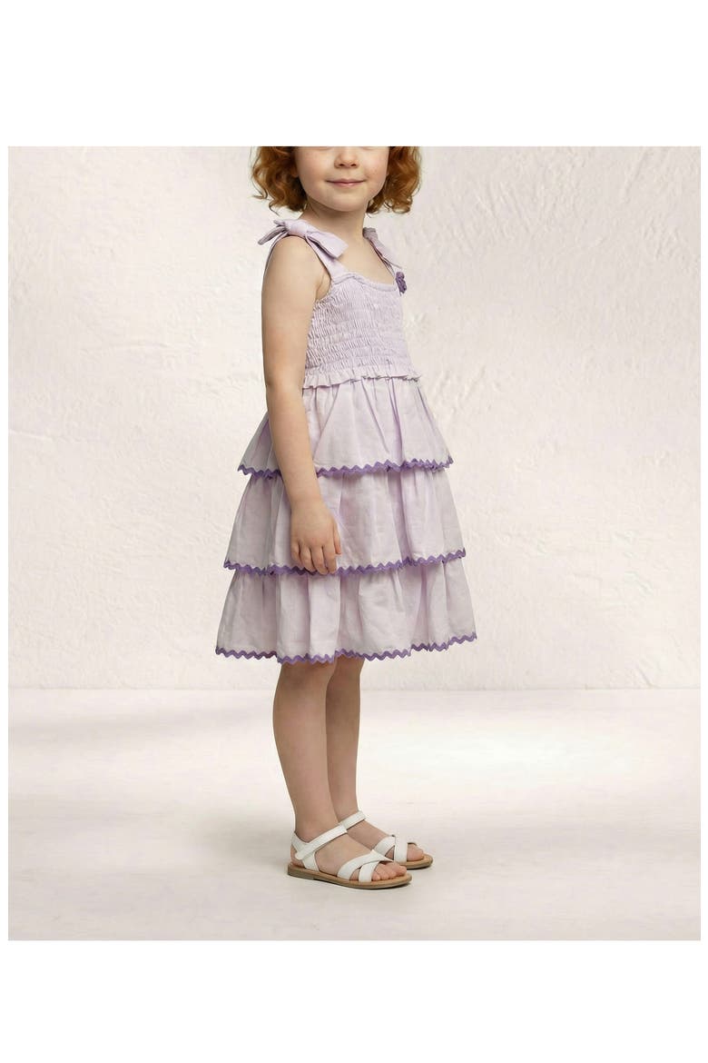 Kids' Smocked Bodice Tiered Cotton Party Dress, Alternate, color, PINK/ LILAC