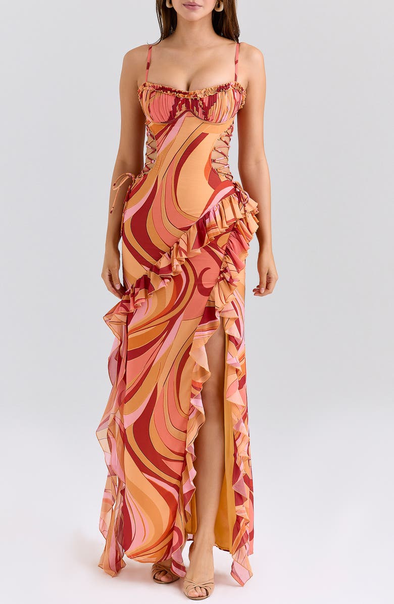 HOUSE OF CB Lumira Print Ruffle Gown, Main, color, Sunset Swirl Print