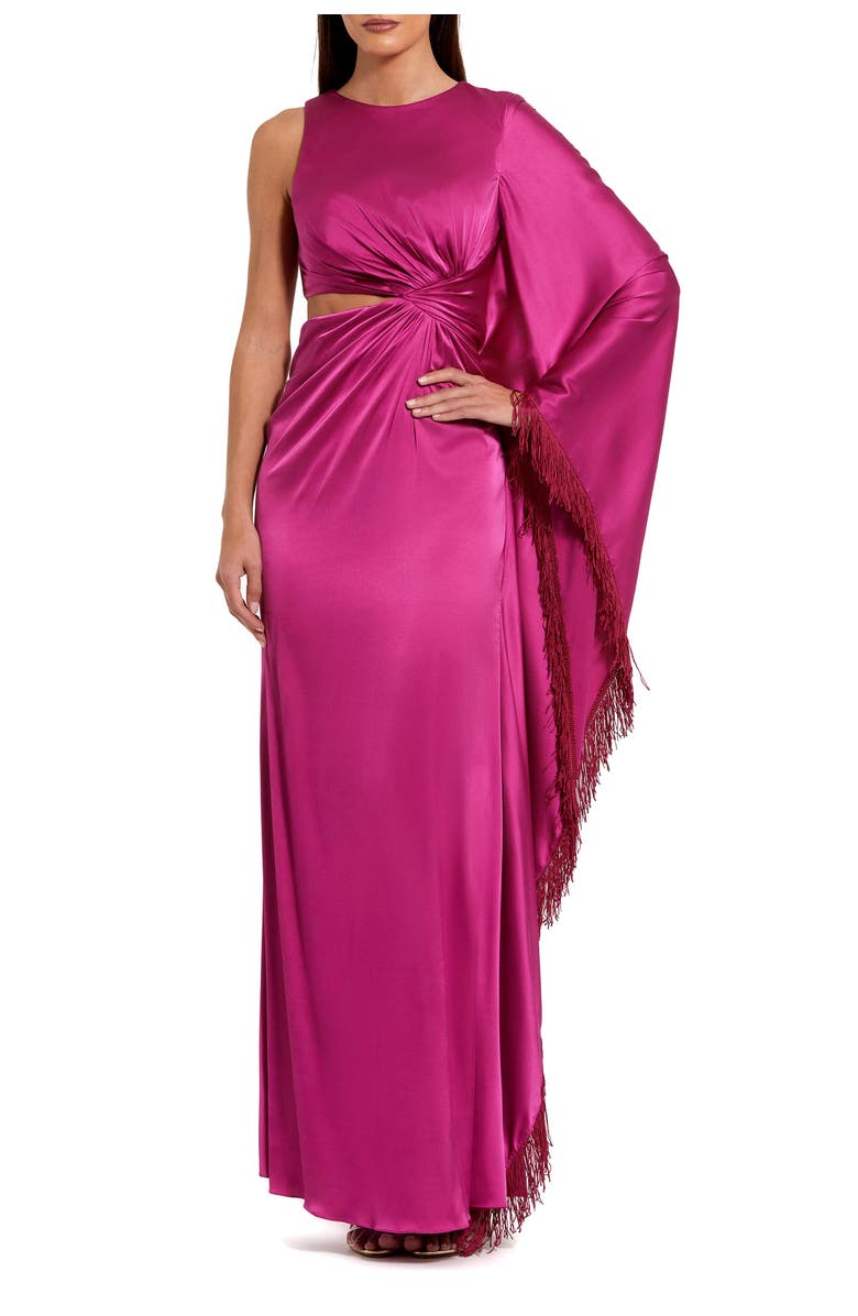 Mac Duggal Women's Charmeuse Kaftan Sleeve Assymetrical Fringe Gown, Main, color, Magenta