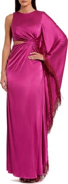 Mac Duggal Women's Charmeuse Kaftan Sleeve Assymetrical Fringe Gown