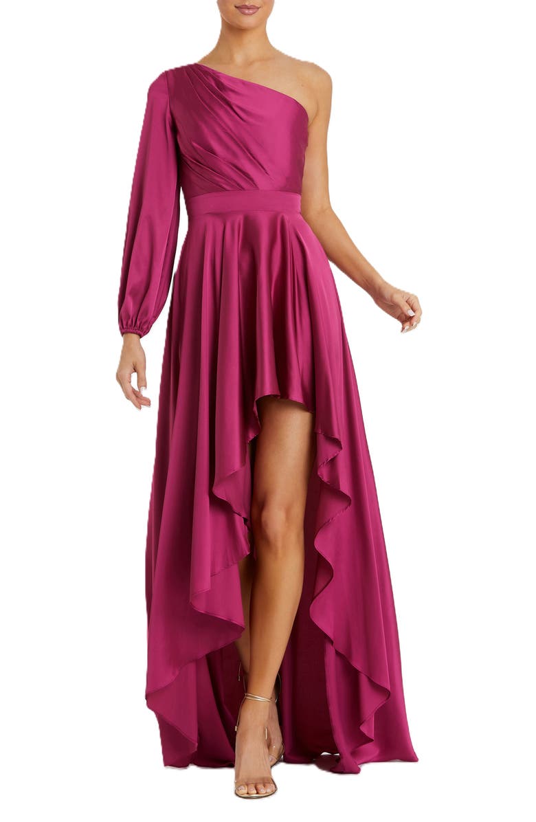 Mac Duggal High Low One Shoulder Flowy Gown, Main, color, Berry