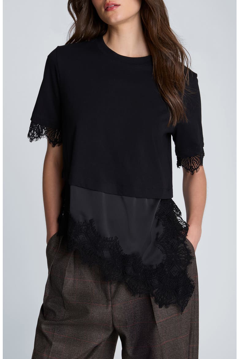 Lace Detail Layered Cotton T-shirt, Main, color, BLACK
