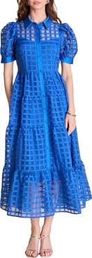 English Factory Grid Pattern Tiered Midi Shirtdress