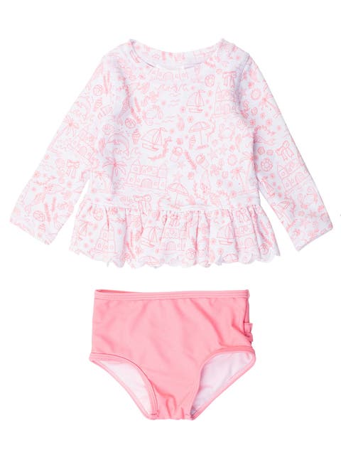 Girls UPF50+ Sun Protected Scallop Hem Long Sleeve Rash Guard Bikini