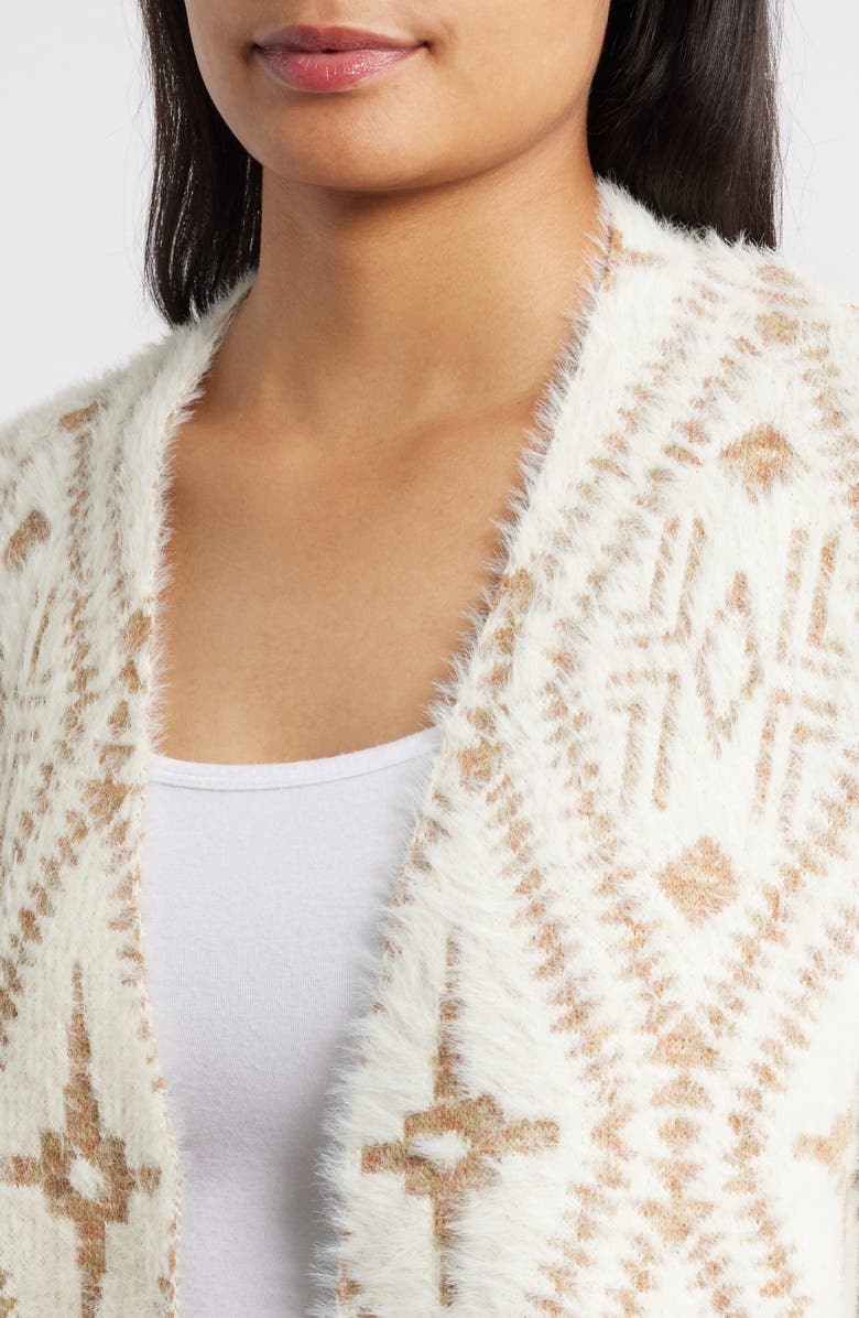 Bobeau Pattern Eyelash Cardigan, Alternate, color, Ivory/ Brown Mix