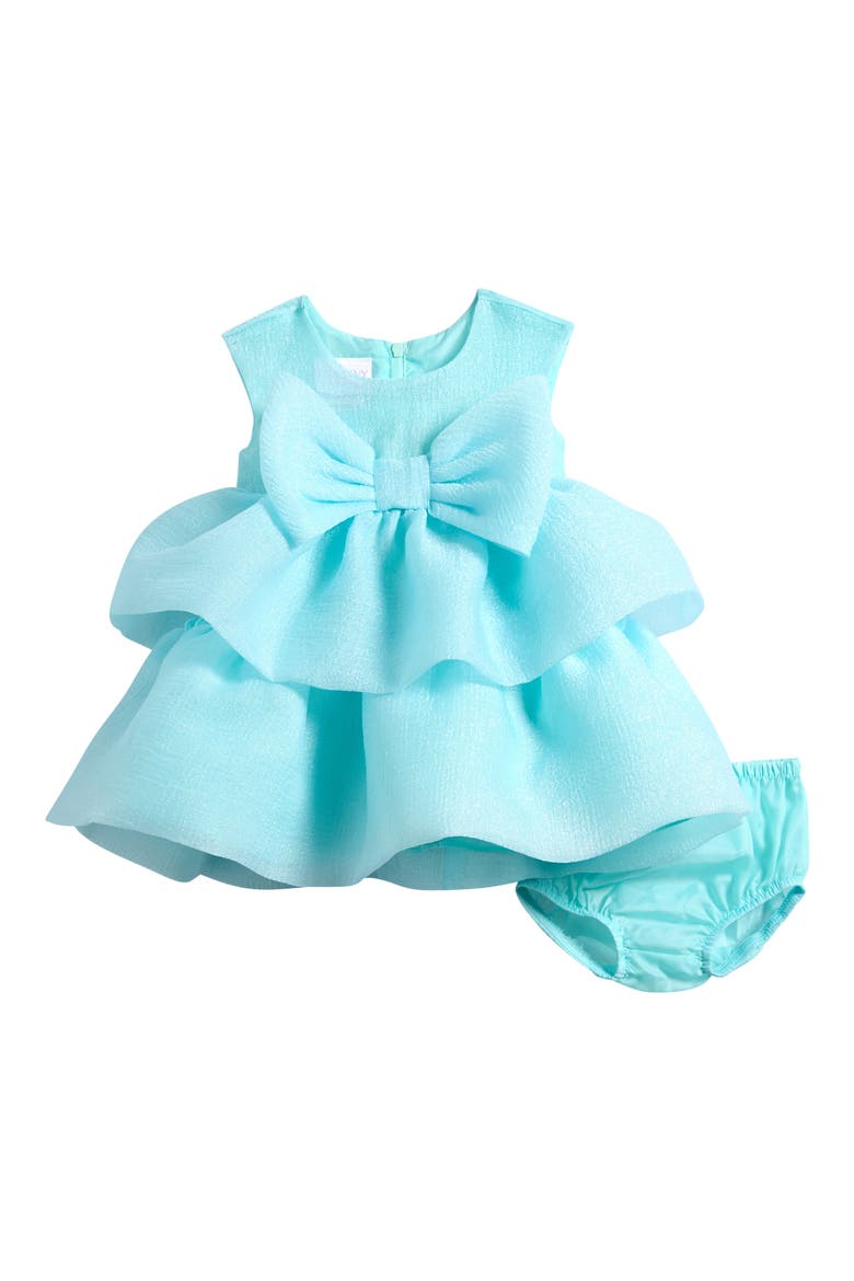 Bow Crinkle Sheer Organza Party Dress with Bloomers, Main, color, AQUA