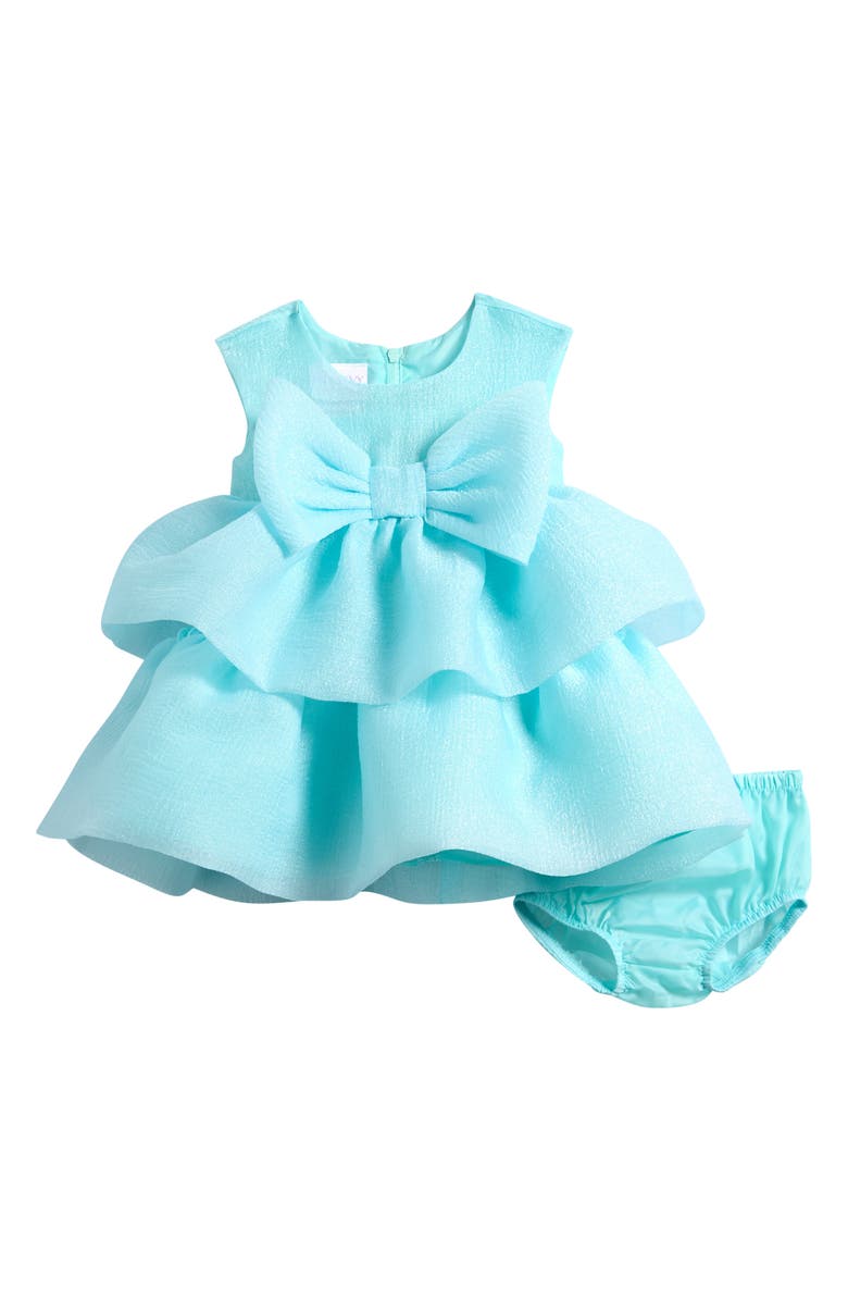 Iris & Ivy Bow Crinkle Sheer Organza Party Dress with Bloomers, Main, color, Aqua