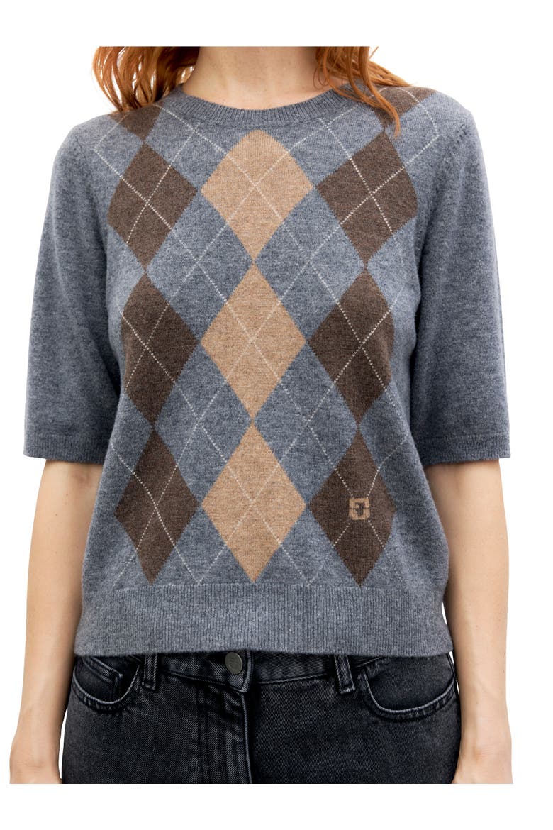 Rema Short Sleeve Argyle Knit Sweater, Alternate, color, Heather Grey