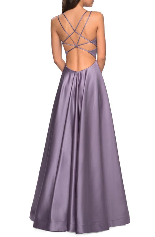 La Femme Long Satin Formal Gown With Leg Slit And Strappy Back In Purple