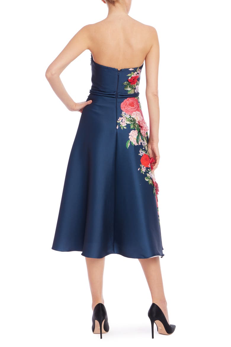 Placed Floral Appliqué Strapless Cocktail Dress, Alternate, color, NAVY