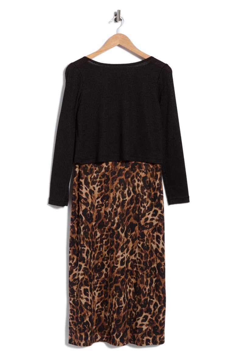 Overlay Mixed Media Long Sleeve Dress, Alternate, color, BROWN