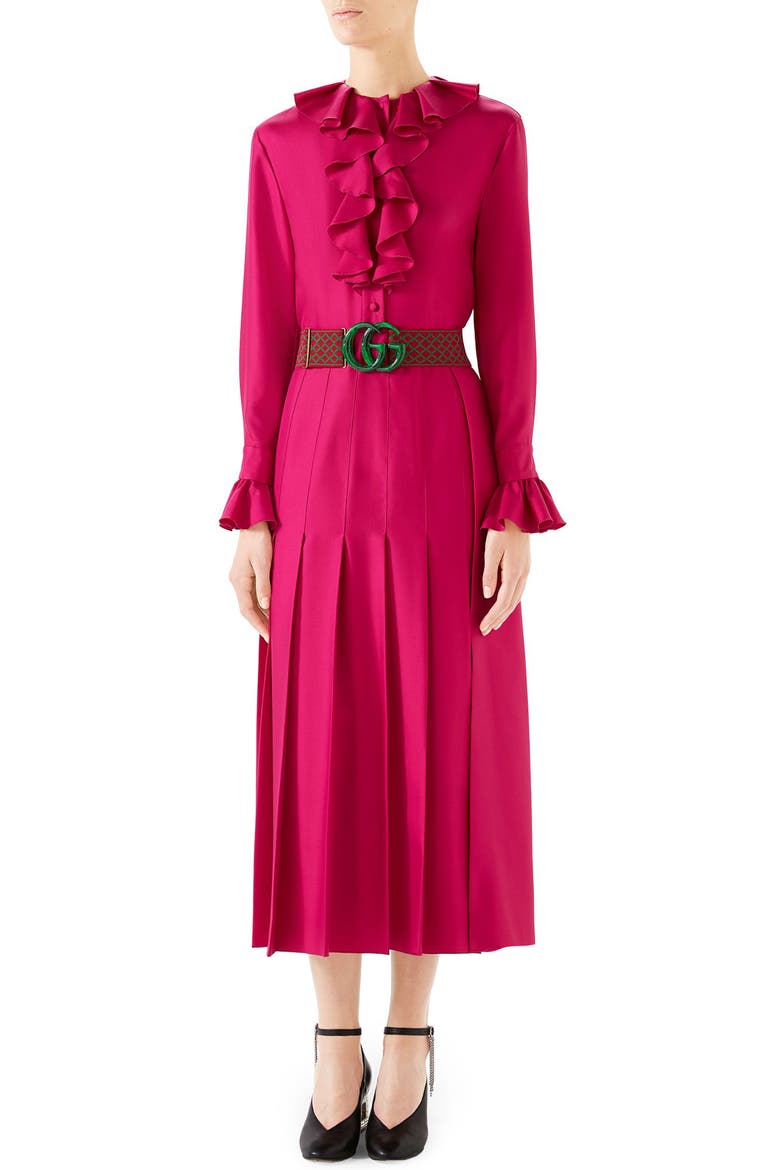 Ruffle Front Silk Twill Dress, Main, color, HOT PINK
