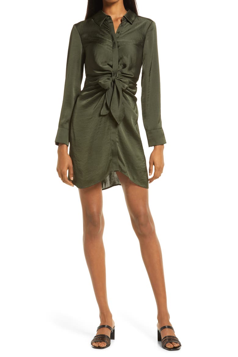 Tie Waist Long Sleeve Satin Shirtdress, Main, color, BOTTLE GREEN