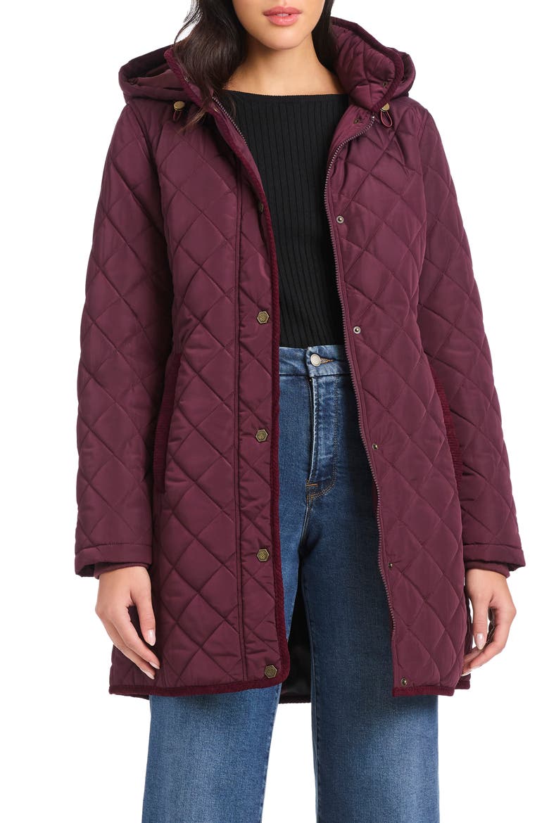 Water Resistant Quilted Coat with Removable Hood, Alternate, color, WINE TASTING