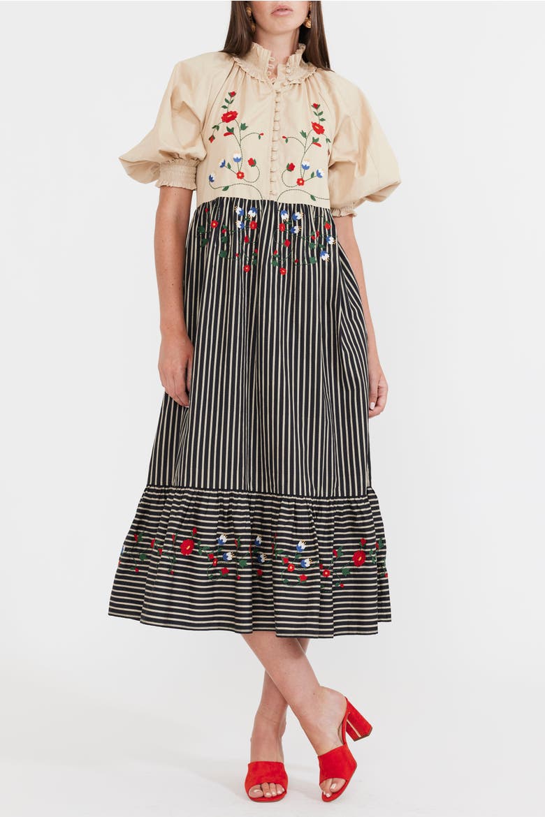Eliza Embroidered Maxi Dress, Main, color, Black Khaki Stripe