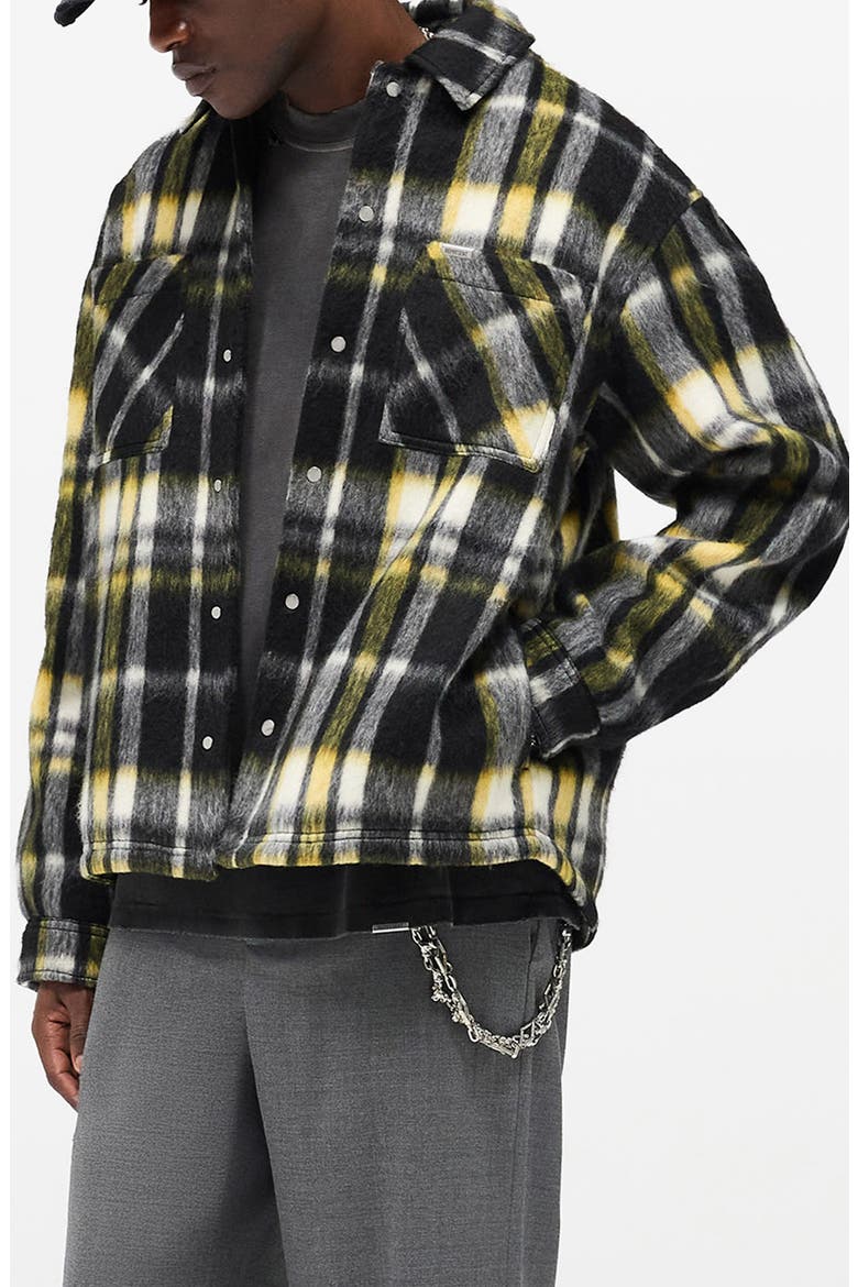Oversize Plaid Faux Fur Magnetic Snap Shirt Jacket, Alternate, color, JET BLACK