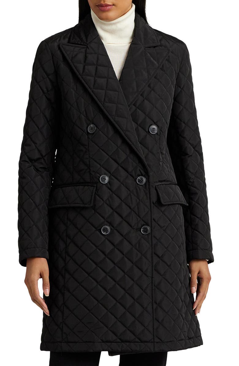 Lauren Ralph Lauren Crest Embroidered Quilted Double Breasted Coat, Main, color,