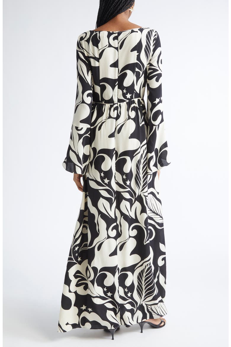 Harlow Leaf Print Long Sleeve Silk Maxi Dress, Alternate, color, ECRU/ BLACK MULTI