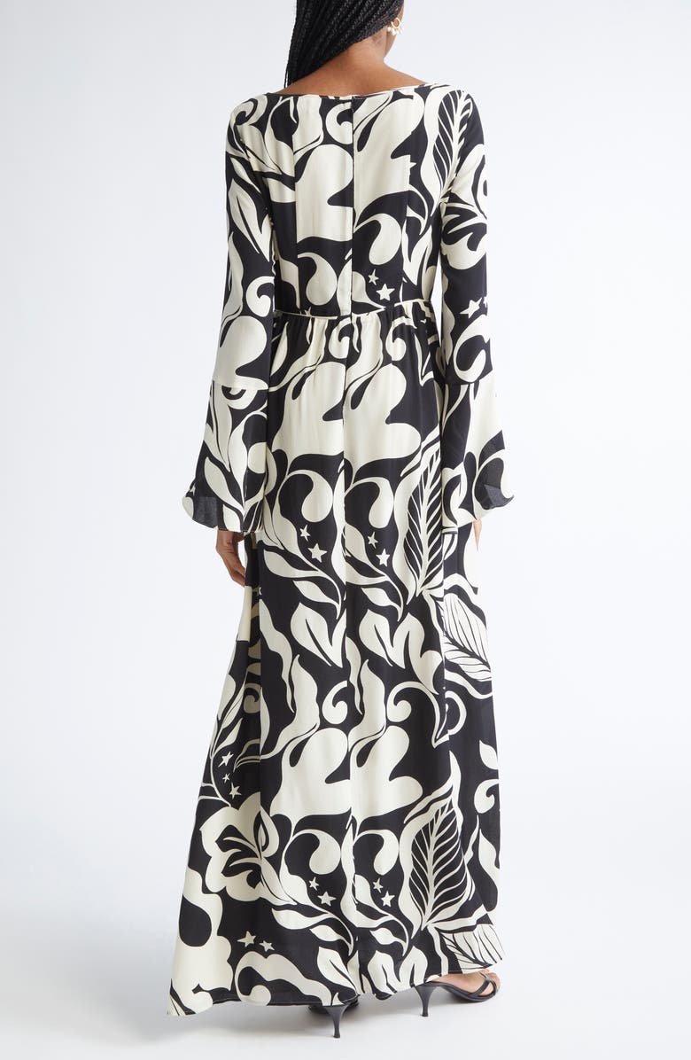 ST. JOHN Harlow Leaf Print Long Sleeve Silk Maxi Dress, Alternate, color, Ecru/ Black Multi