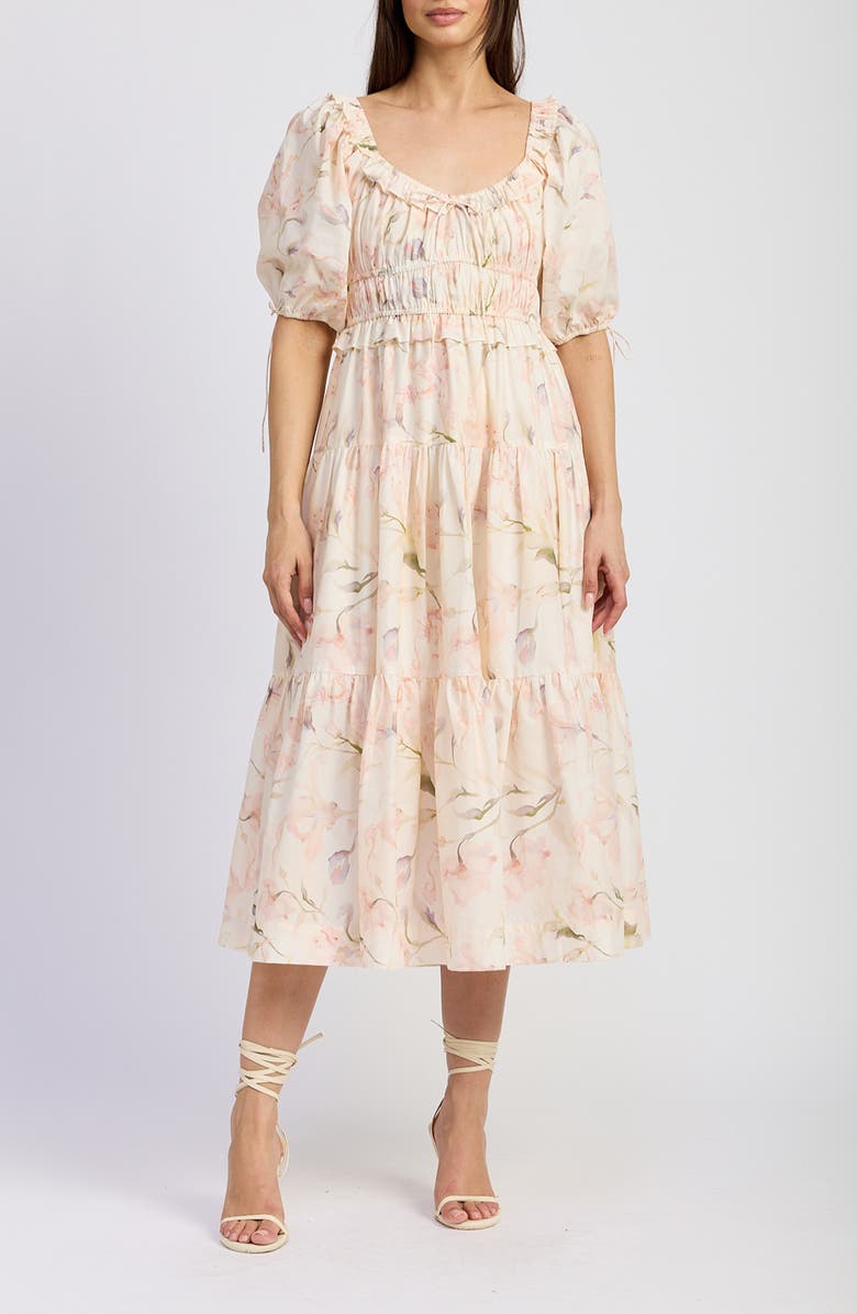 En Saison Floral Short Sleeve Tiered Midi Dress, Main, color,
