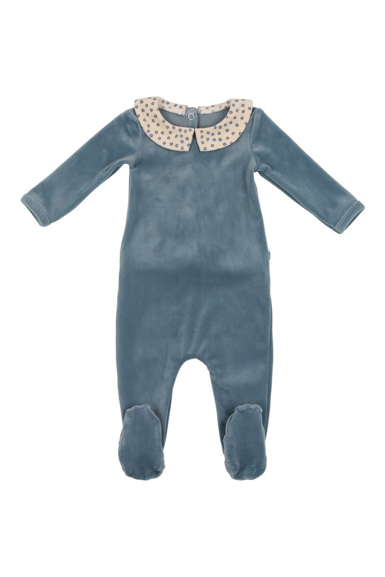 Floral Collar Velour Footie, Main, color, BLUE