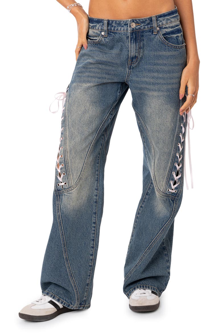 Lace-Up Knee Low Rise Wide Leg Jeans, Main, color, BLUE