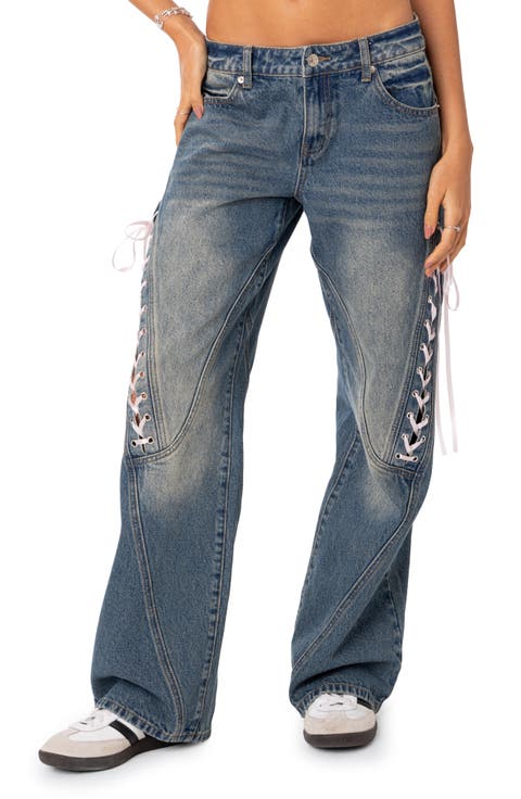 Lace-Up Knee Low Rise Wide Leg Jeans