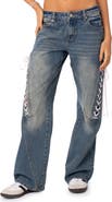 EDIKTED Lace-Up Knee Low Rise Wide Leg Jeans