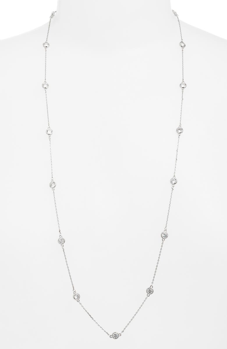 Nordstrom Bezel Cubic Zirconia Station Long Necklace, Alternate, color, Clear- Silver