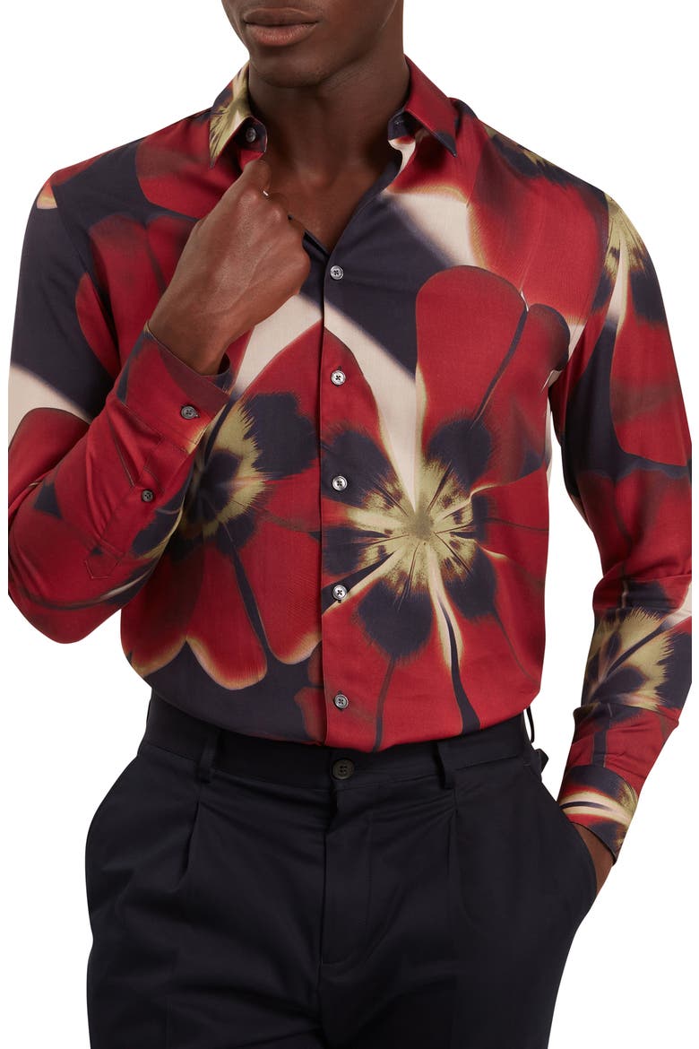 Phelin Floral Stretch Cotton Button-Up Shirt, Main, color, RED/ NAVY