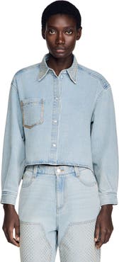 SANDRO Rhinestone Cropped Denim Shirt