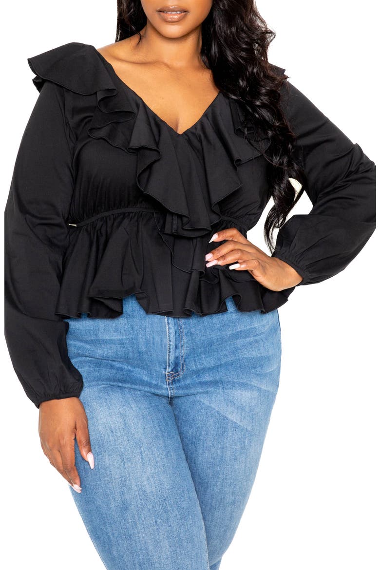 Ruffle Long Sleeve Peplum Blouse, Main, color, BLACK