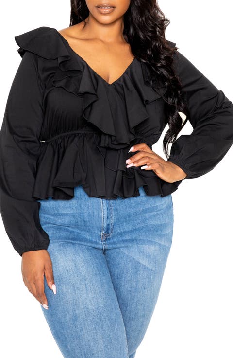 Ruffle Long Sleeve Peplum Blouse (Plus Size)