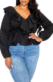 BUXOM COUTURE Ruffle Long Sleeve Peplum Blouse