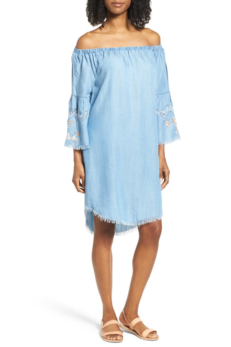 Off the Shoulder Denim Dress, Main, color, BLUE