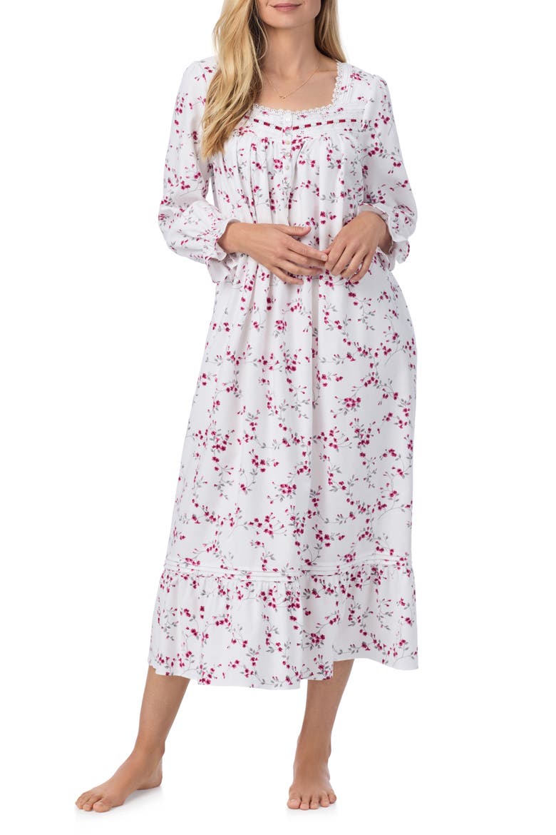 Long Sleeve Cotton Blend Flannel Ballet Nightgown, Alternate, color, WHITE/FLORA