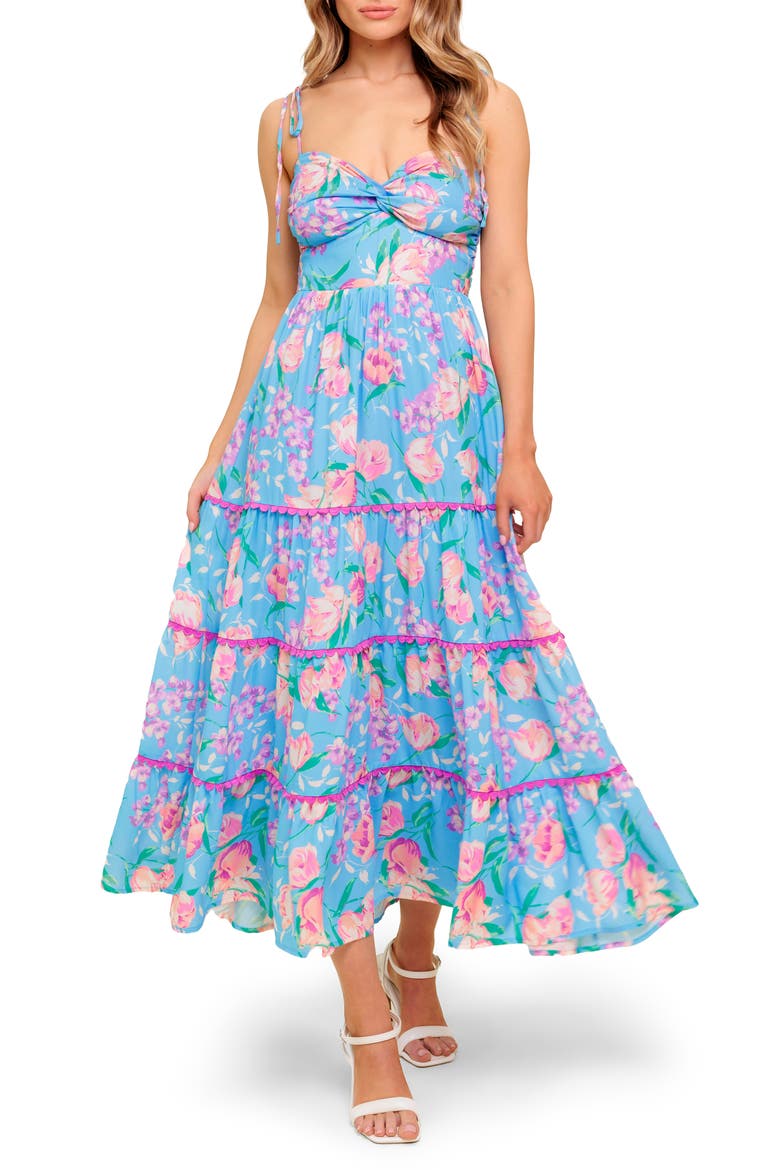 Floral Twist Sweetheart Neck Midi Dress, Main, color, BLUE/ IVORY