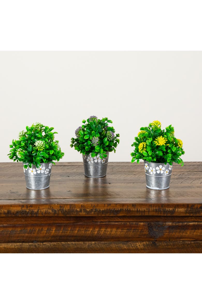8-in Artificial Mixed Flowering Plant in Decorative Daisy Tin Planter - Set of 3, Alternate, color, Assortment 1