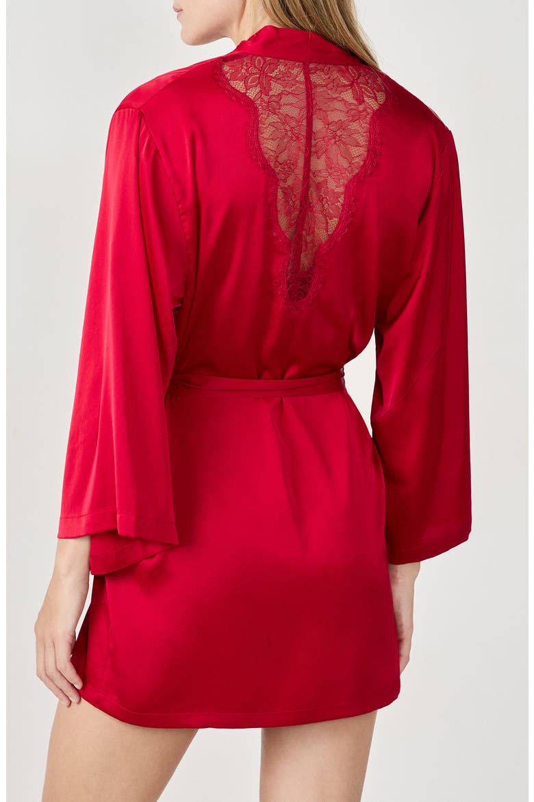 Confidence Deshabille Lace Trim Satin Robe, Alternate, color, RED