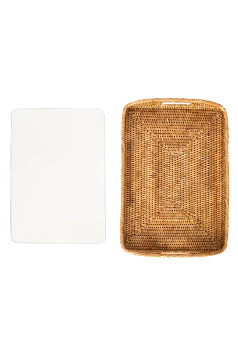 Artifacts Rattan Rectangular Tray with Glass Insert, Alternate, color, Honey Brown