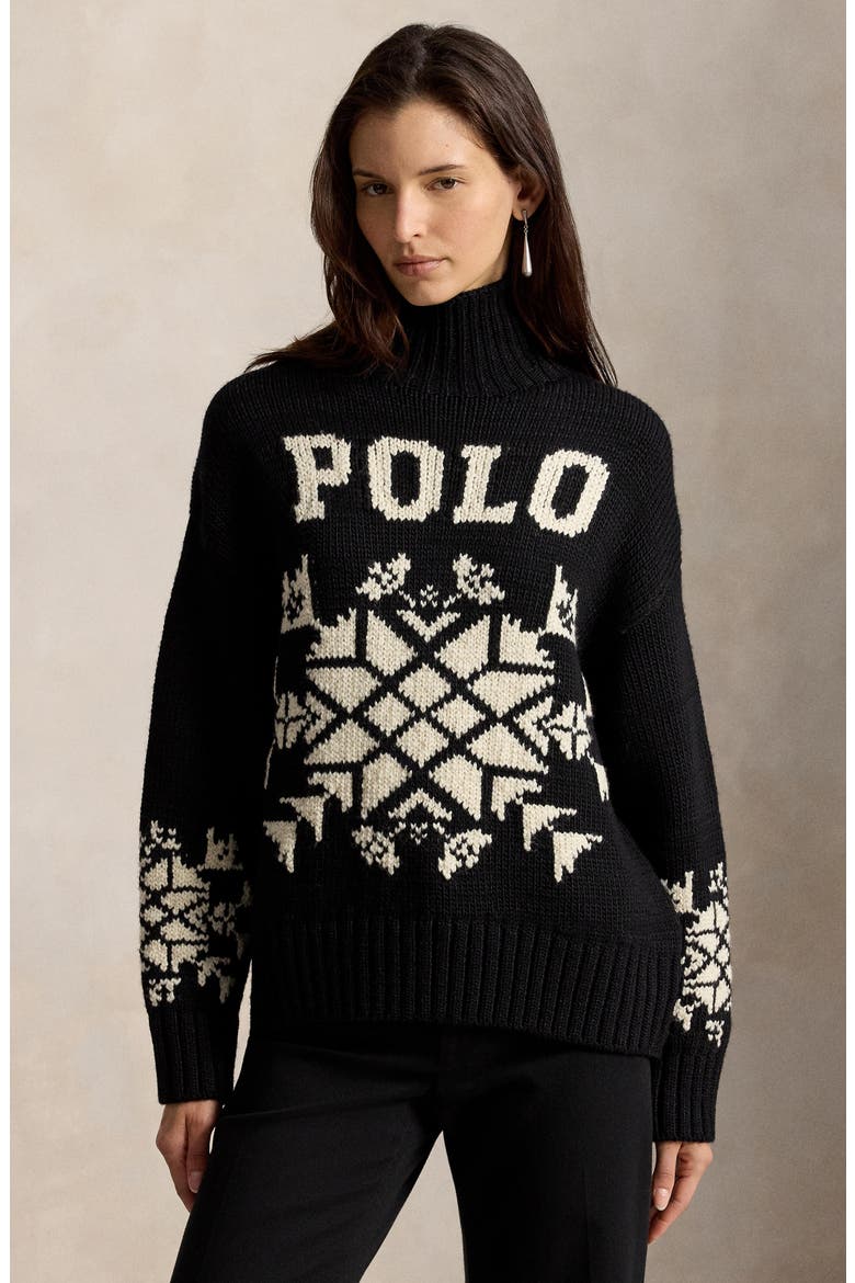 Snowflake Stretch Wool Turtleneck Sweater, Alternate, color, BLACK MU