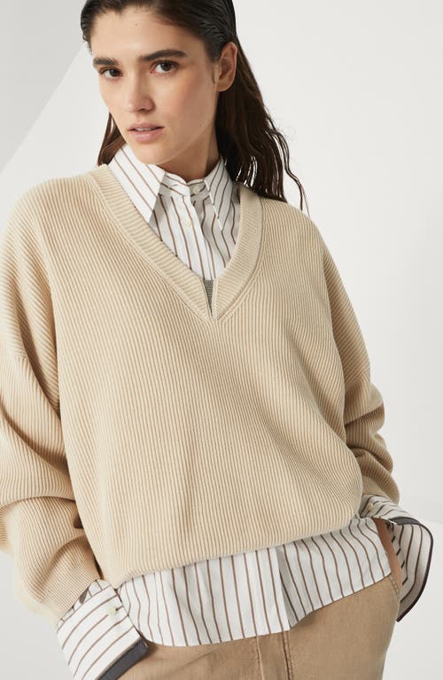 Brunello Cucinelli Cotton V-necked Sweater In Butter