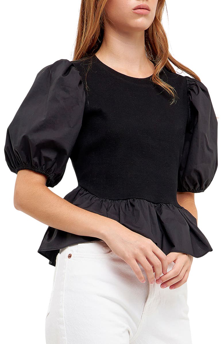 English Factory Mixed Media Puff Sleeve Peplum Top, Alternate, color, 