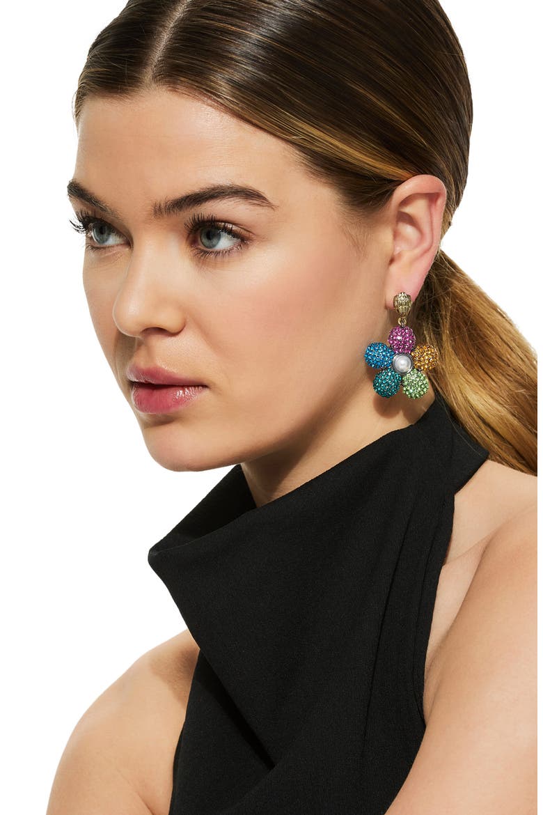 Pavé Crystal & Faux Pearl Flower Drop Earrings, Alternate, color, MULTI