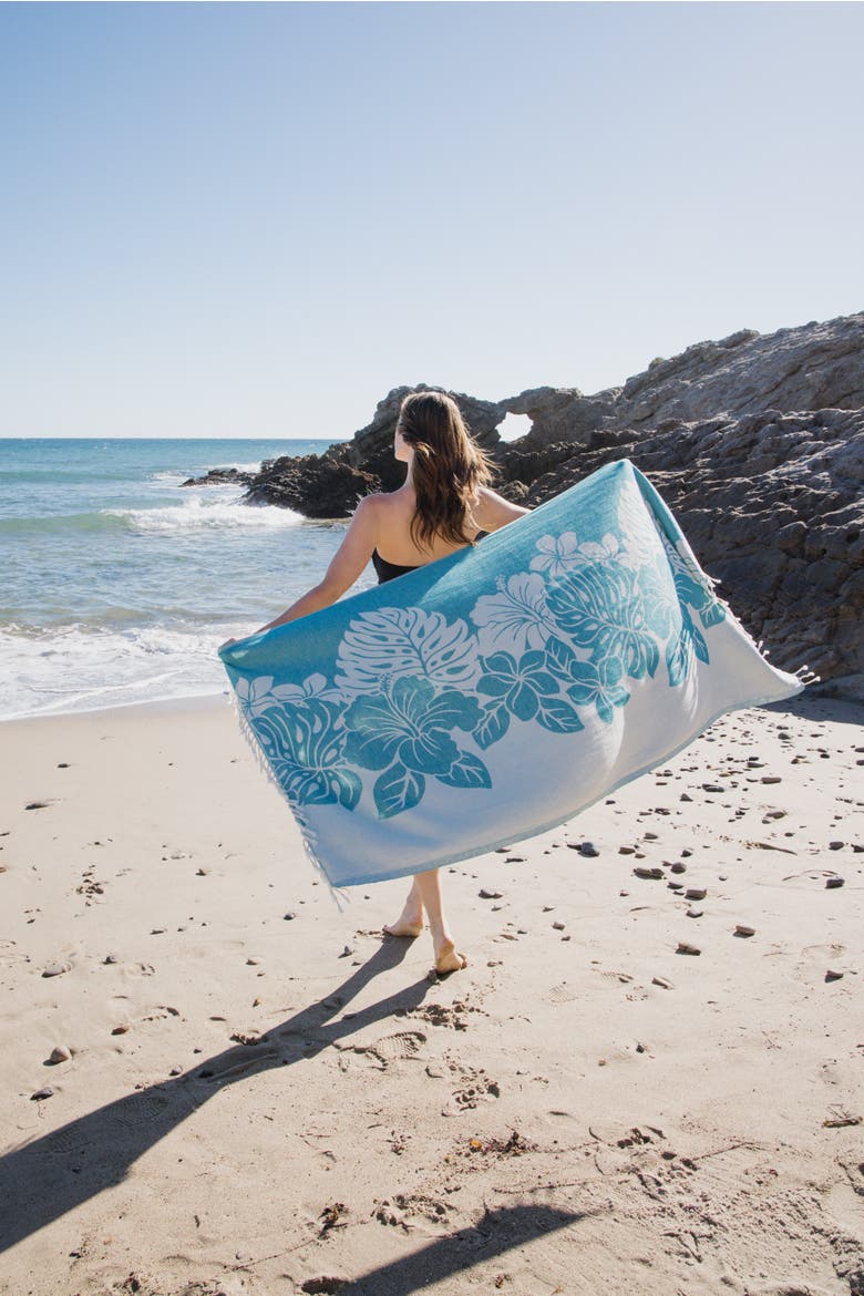 Hibiscus Flower Sand Resistant Organic Turkish Towel, Alternate, color, Aqua