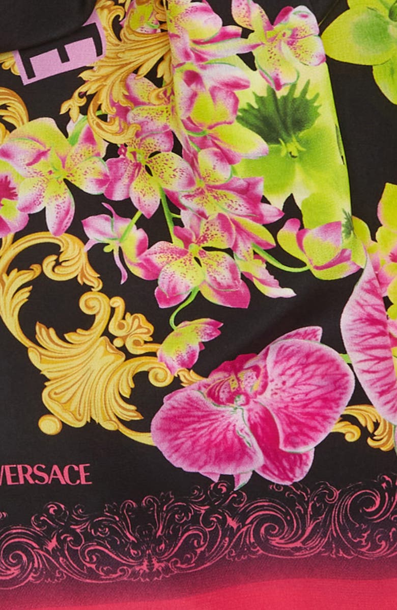 Versace Baroque Orchid Print Silk Scarf, Alternate, color,